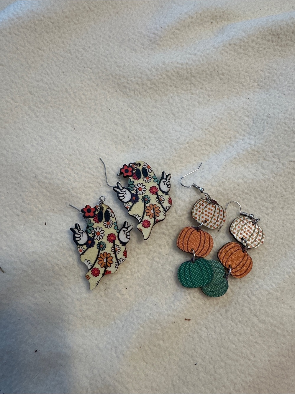 Handmade Floral Ghost and Pumpkin Dangle Earrings - Cream, Orange, Green